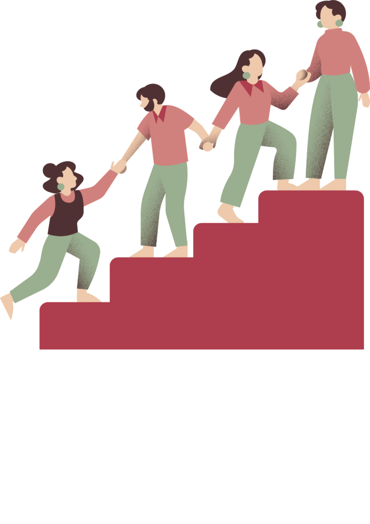 Image de personnes qui s'entraident pour monter un escalier, symbole de l'épreuve qu'est l'arrêt du tabac