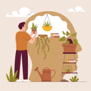 Image d'une personne qui cultive son jardin dans une tête imaginaire